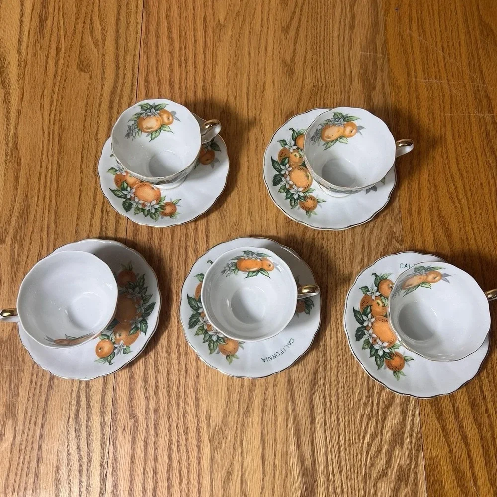 VTG California Orange Tea Cups & Saucers Set of 5 E.W. Princess Hand Painted